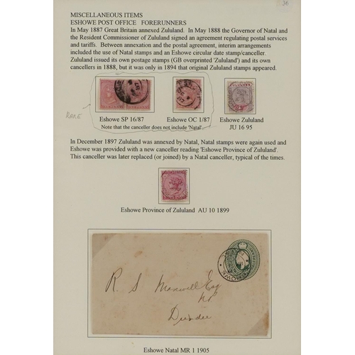 1778 - Victorian Natal and Zululand stamps and a cover housed in a framed, glazed display including a block... 