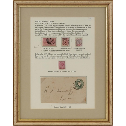 1778 - Victorian Natal and Zululand stamps and a cover housed in a framed, glazed display including a block... 