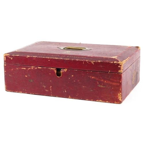 438 - Royal interest George V Lord Curzon of Kedlestone leather bound document box with inset brass carryi... 