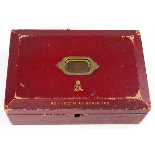 438 - Royal interest George V Lord Curzon of Kedlestone leather bound document box with inset brass carryi... 