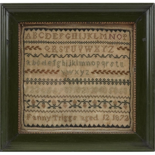 434 - Victorian needlework sampler worked by Fanny Triggs aged 12 1872, mounted, framed and glazed, 15cm x... 