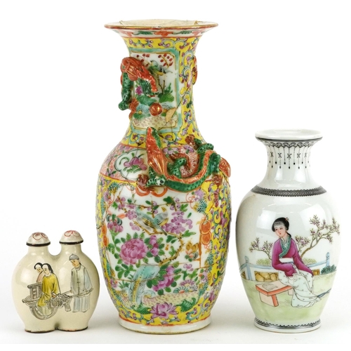 1462 - Two Chinese porcelain vases including a Canton example and a double enamelled scent bottle hand pain... 