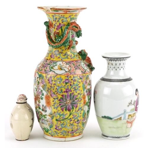 1462 - Two Chinese porcelain vases including a Canton example and a double enamelled scent bottle hand pain... 