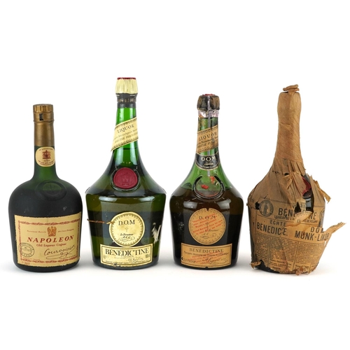 487 - Three bottles of Benedictine liqueur and a bottle of Napoleon Courvoisier Old Liqueur cognac