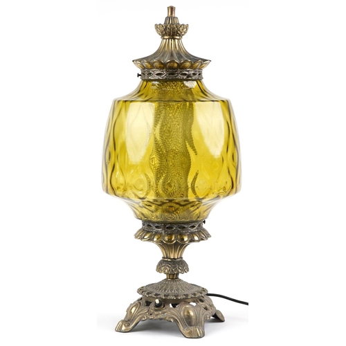 1482 - Bronze metal and green glass table lamp, 63cm high