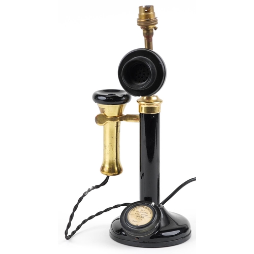 384 - Early 20th century lacquered brass stick telephone design adjustable table lamp, 38cm high