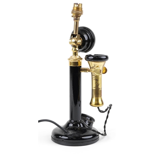 384 - Early 20th century lacquered brass stick telephone design adjustable table lamp, 38cm high