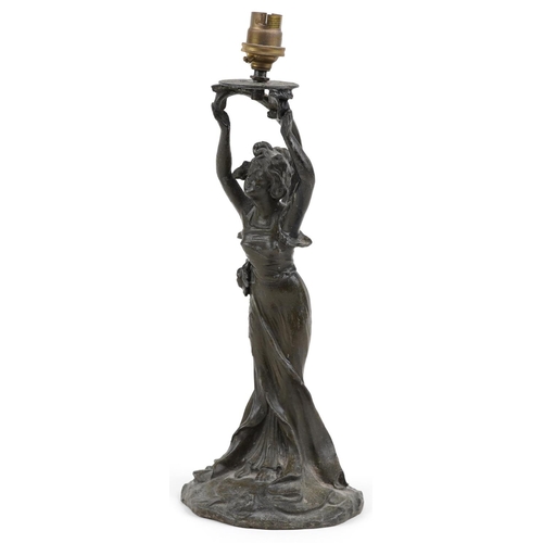 7 - Art Nouveau verdigris patinated spelter figural table lamp in the form of a female, indistinct signa... 