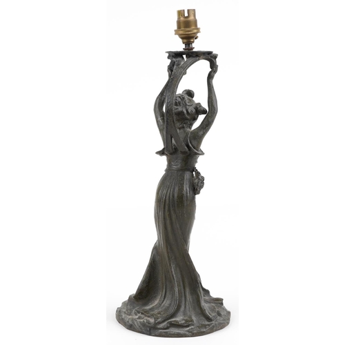 7 - Art Nouveau verdigris patinated spelter figural table lamp in the form of a female, indistinct signa... 