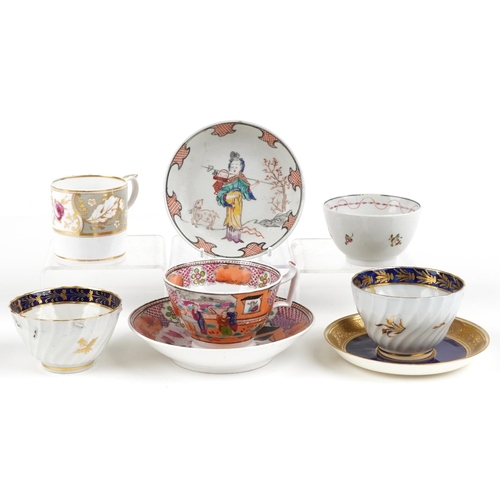 77 - Early English ceramics including Newhall cup and saucer hand painted in the chinoiserie manner, Bloo... 