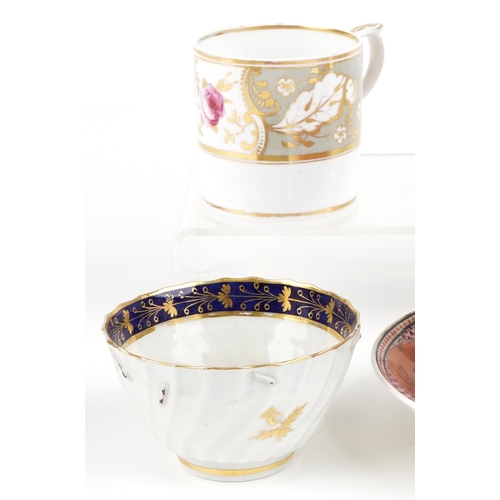 77 - Early English ceramics including Newhall cup and saucer hand painted in the chinoiserie manner, Bloo... 