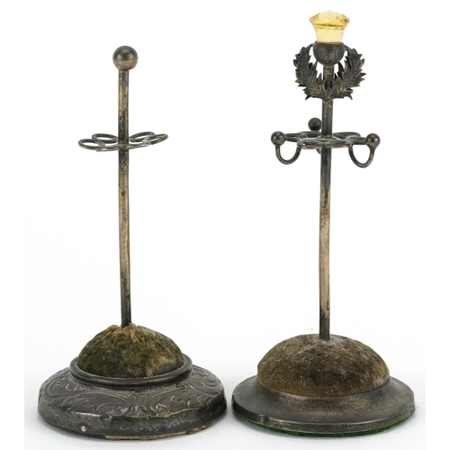 324 - Two Edwardian silver hatpin stands, one with Scottish thistle citrine terminal, the largest 11.5cm h... 