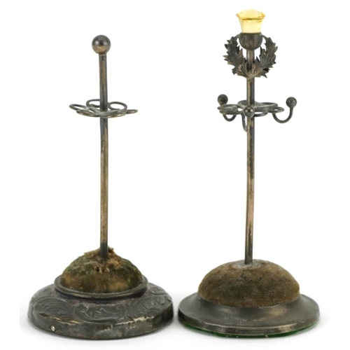 324 - Two Edwardian silver hatpin stands, one with Scottish thistle citrine terminal, the largest 11.5cm h... 