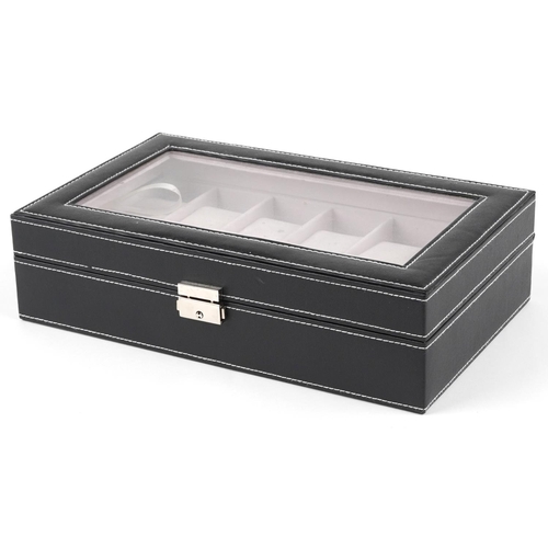 2781 - Black leatherette twelve section watch display box, 8.5cm H x 33cm W x 20cm D