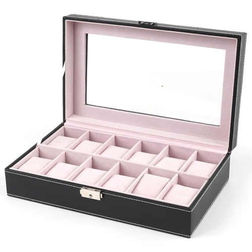 2781 - Black leatherette twelve section watch display box, 8.5cm H x 33cm W x 20cm D