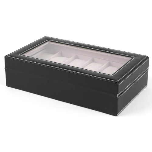 2781 - Black leatherette twelve section watch display box, 8.5cm H x 33cm W x 20cm D