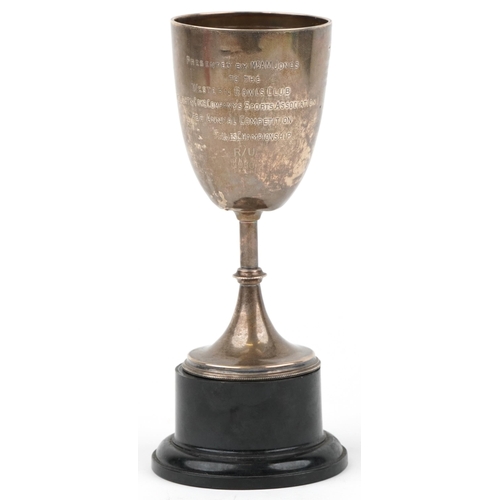 230 - Mappin & Webb, Victorian bowling interest silver trophy on stand presented by Mr A M Jones to the We... 