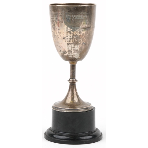 230 - Mappin & Webb, Victorian bowling interest silver trophy on stand presented by Mr A M Jones to the We... 