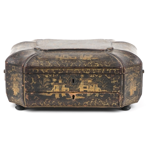 289 - Chinese black lacquered sewing box with canted corners and fitted interior, gilded in the chinoiseri... 