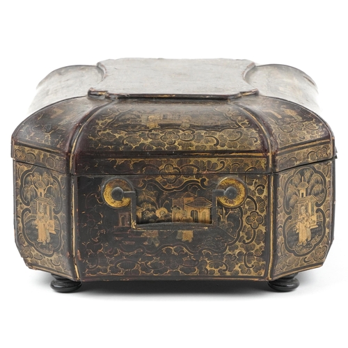 289 - Chinese black lacquered sewing box with canted corners and fitted interior, gilded in the chinoiseri... 