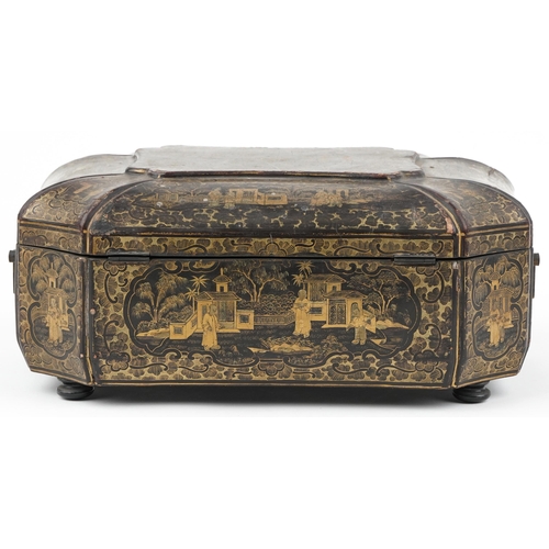 289 - Chinese black lacquered sewing box with canted corners and fitted interior, gilded in the chinoiseri... 