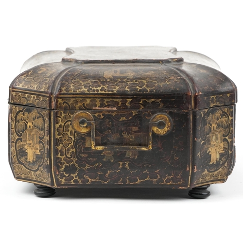 289 - Chinese black lacquered sewing box with canted corners and fitted interior, gilded in the chinoiseri... 