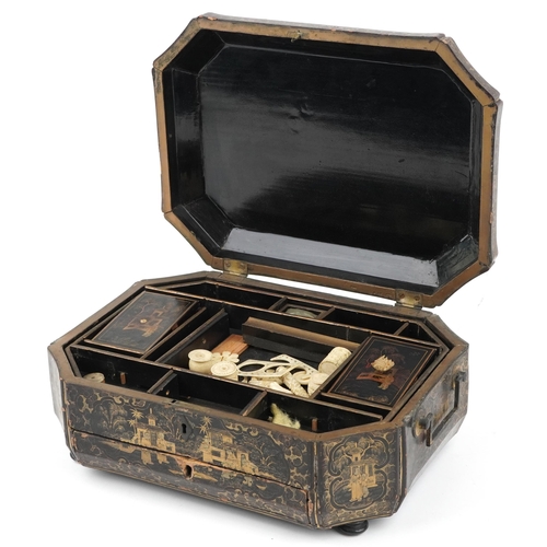 289 - Chinese black lacquered sewing box with canted corners and fitted interior, gilded in the chinoiseri... 