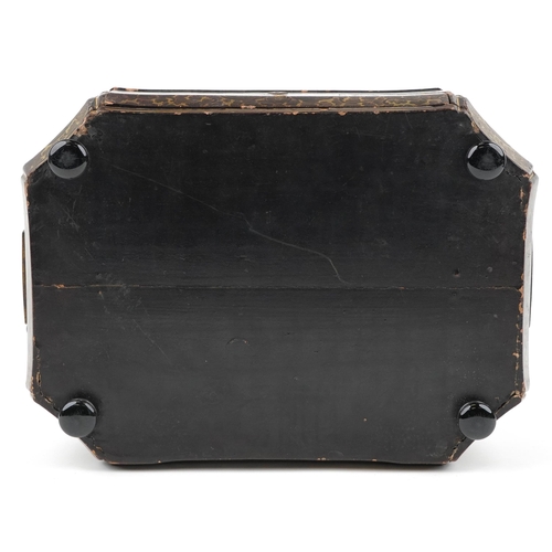 289 - Chinese black lacquered sewing box with canted corners and fitted interior, gilded in the chinoiseri... 