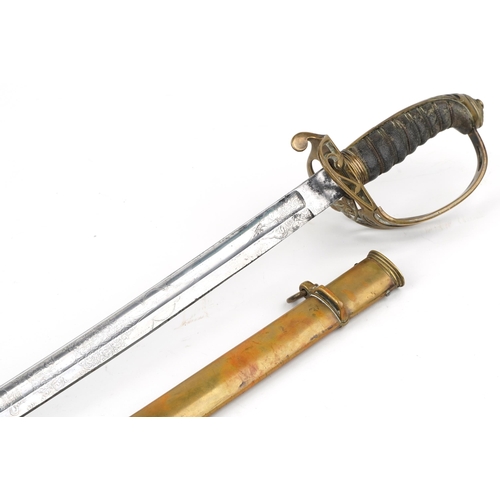 663 - Victorian British military dress sword with wire bound shagreen grip, brass scabbard and steel blade... 