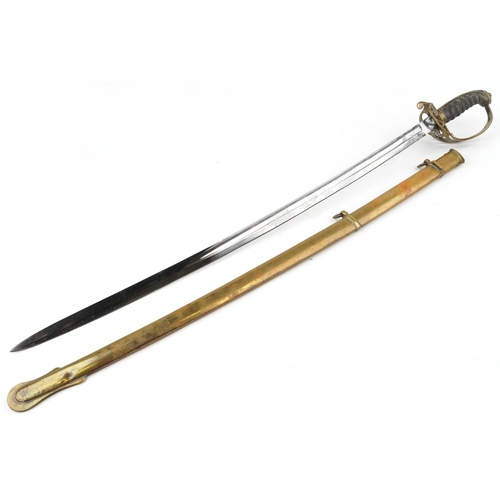 663 - Victorian British military dress sword with wire bound shagreen grip, brass scabbard and steel blade... 