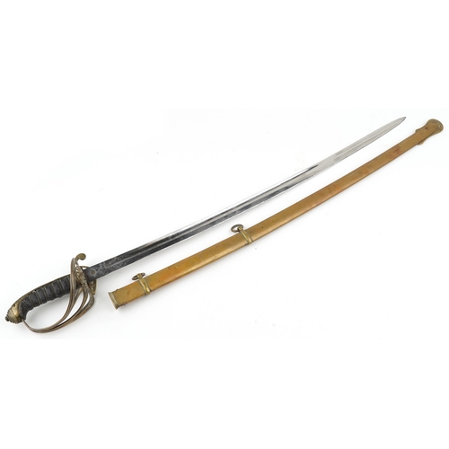 663 - Victorian British military dress sword with wire bound shagreen grip, brass scabbard and steel blade... 