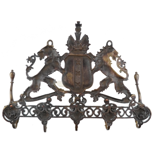 189 - 19th century brass coat of arms five section coat rack, 44cm wide