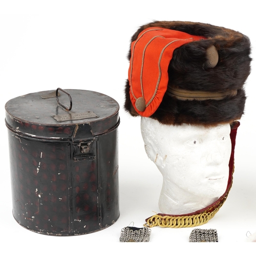 652 - Victorian British military 8th Hussars bearskin hat with epaulettes and tin applied Hamburger Rogers... 