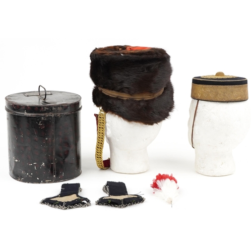 652 - Victorian British military 8th Hussars bearskin hat with epaulettes and tin applied Hamburger Rogers... 