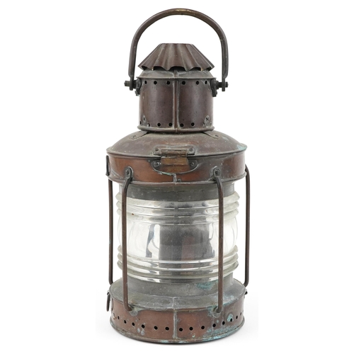 184 - Large 19th century brass ship's lantern with applied Nunn Ridsdale & Co Ltd London plaque, 49cm high