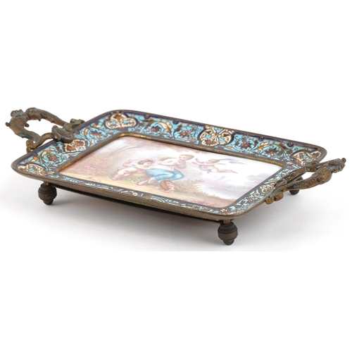 176 - 19th century French brass and champleve enamel four footed tray with twin dolphin handles inset with... 