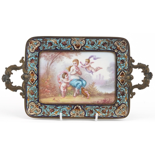 176 - 19th century French brass and champleve enamel four footed tray with twin dolphin handles inset with... 