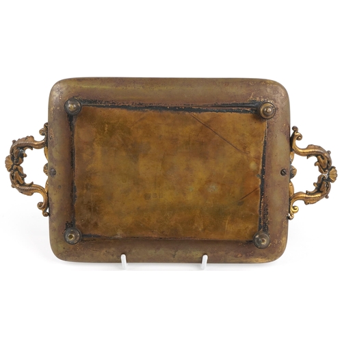 176 - 19th century French brass and champleve enamel four footed tray with twin dolphin handles inset with... 