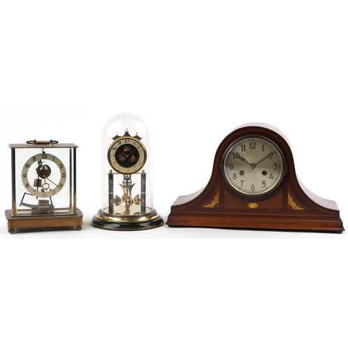 1316 - Three clocks comprising a Napoleon hat shaped inlaid mahogany mantle, Kundo electronic and German an... 