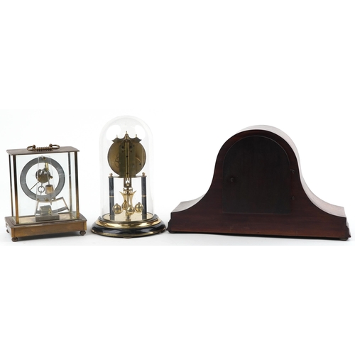 1316 - Three clocks comprising a Napoleon hat shaped inlaid mahogany mantle, Kundo electronic and German an... 