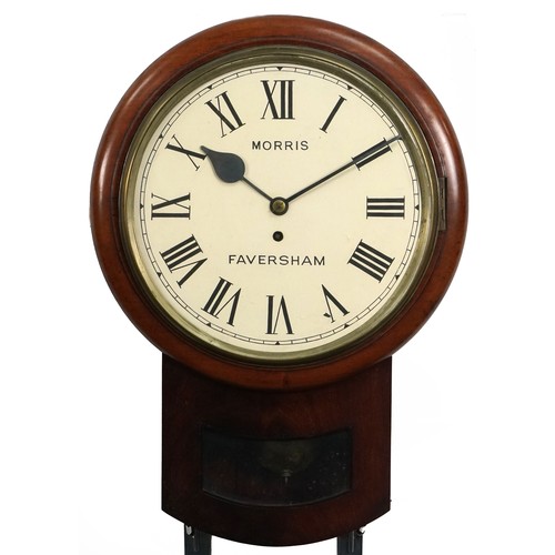 Victorian mahogany fusee drop dial wall clock with circular hand painted dial with Roman numerals inscribed Morris Faversham, 53.5cm high