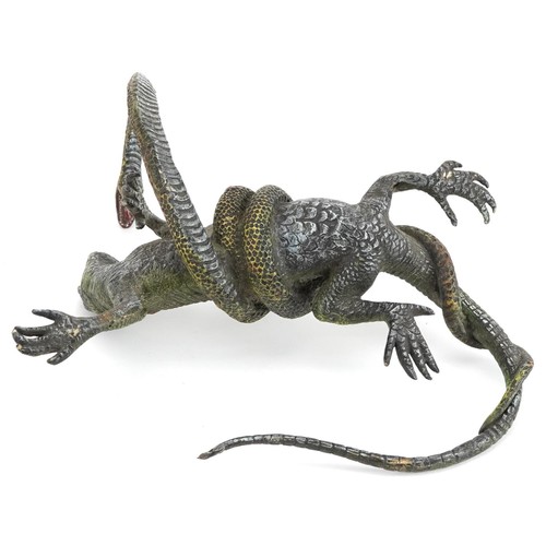 530 - Austrian style cold painted bronze sculpture in the form of a serpent entwined around a Komodo drago... 