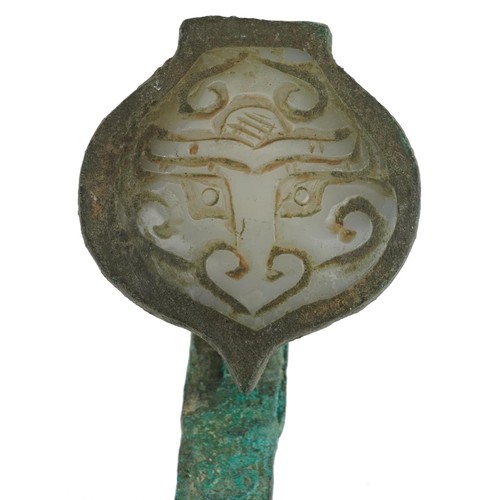 271 - Chinese verdigris ruyi sceptre, 30cm in length