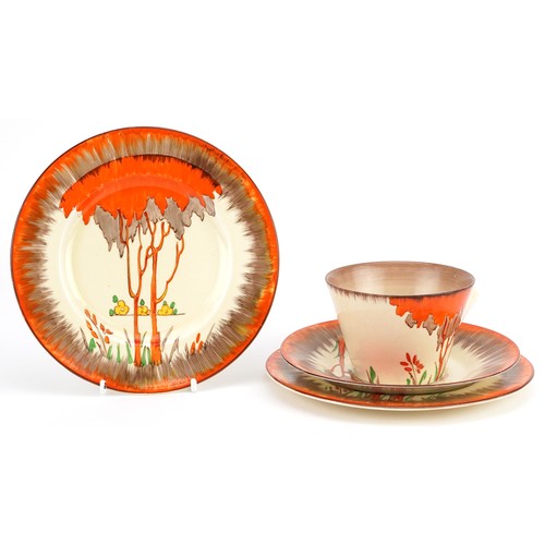45 - Clarice Cliff, Art Deco Honeyglaze conical teaware hand painted in the Taormina pattern comprising c... 