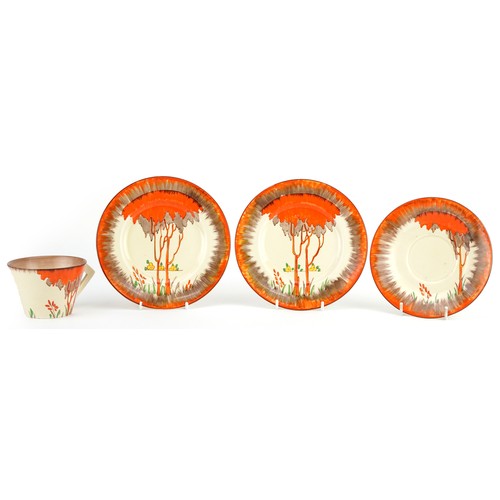 45 - Clarice Cliff, Art Deco Honeyglaze conical teaware hand painted in the Taormina pattern comprising c... 