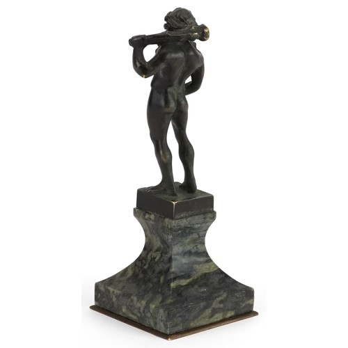 182 - Antique patinated bronze statue of drunken Hercules raised on a square green marble base, 13.5cm hig... 