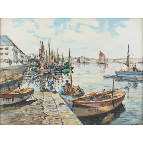 368 - A Ravallec - Harbour scene with fishing boats, mixed media, framed and glazed, 48.5cm x 37cm excludi... 