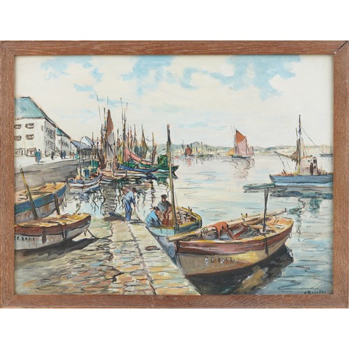 368 - A Ravallec - Harbour scene with fishing boats, mixed media, framed and glazed, 48.5cm x 37cm excludi... 