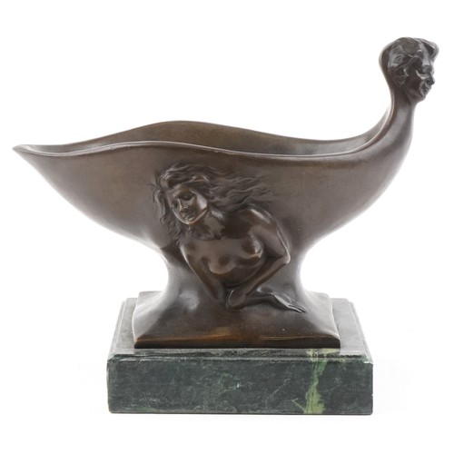 1483 - Art Nouveau style patinated bronze centrepiece cast in relief with nude male and female, raised on a... 