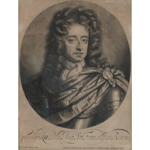 1152 - After Sir Godfrey Kneller - Portrait of William III, antique black and white print, sold by I Smith ... 